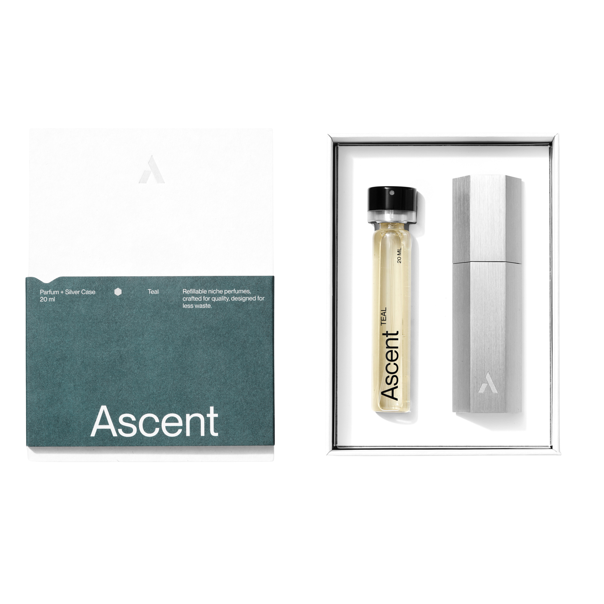Ascent Teal Parfum Starter Kit Silver Case Open Box