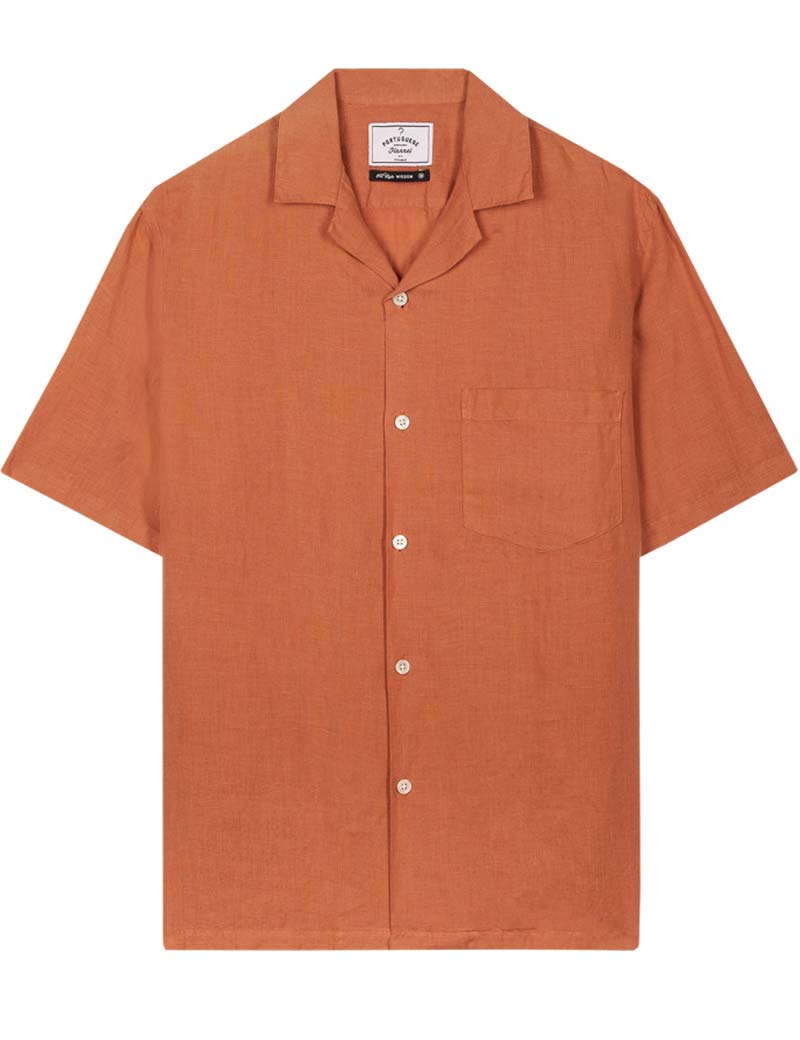 Portuguese Flannel Camp Collar Linen Short Sleeve Shirt Terracota