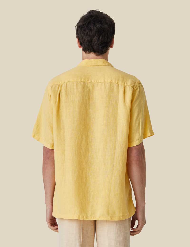 PORTUGUESE FLANNEL LINEN CAMP COLLAR SHORT SLEEVE SHIRT YELLOW