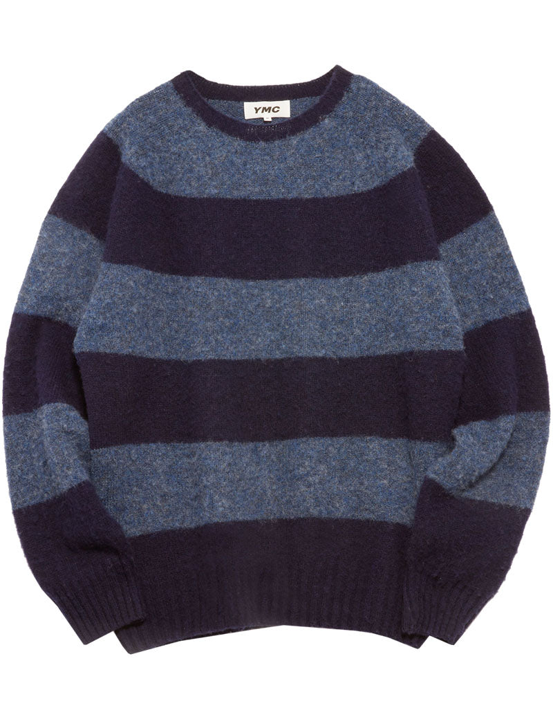 YMC SUEDEHEAD STRIPE CREW NECK JUMPER NAVY BLUE