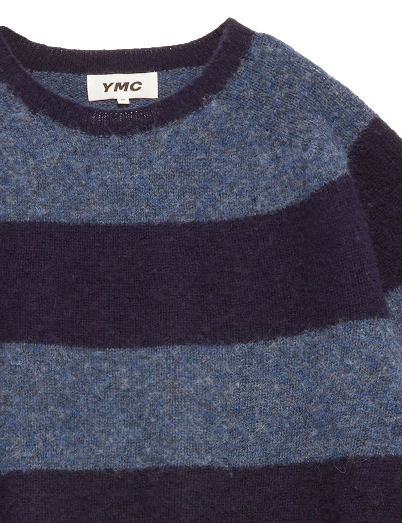 Ymc Suedehead Stripe Crew Neck Jumper Navy Blue